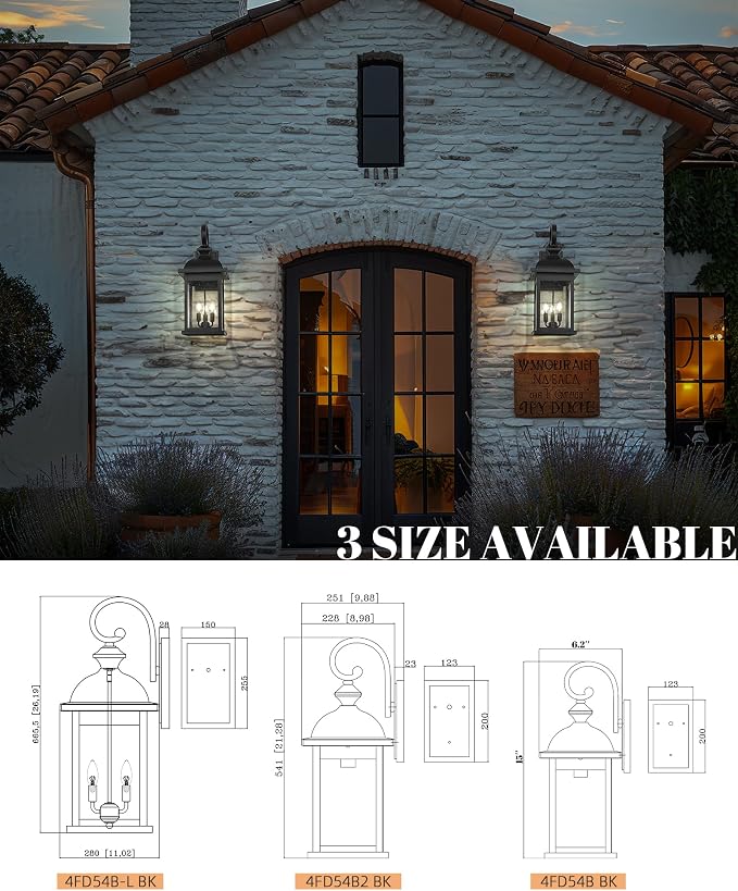 FEMILA 26" Outdoor Wall Light, Large Exterior Wall Light Fixtures, 3 Light Outdoor Wall Lantern Porch Lights for Entryway, Patio, Garage, Doorway, Matte Black Finish, E12 Base, 4FD54B-L BK