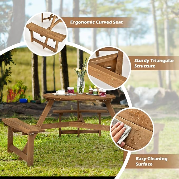 Tangkula 6 Person Wooden Picnic Table, Outdoor Round Picnic Table with 3 Built-in Benches, 1.5 Inch Umbrella Hole, Outside Wood Table and Bench Set for Garden, Backyard, Porch (Dark Brown)