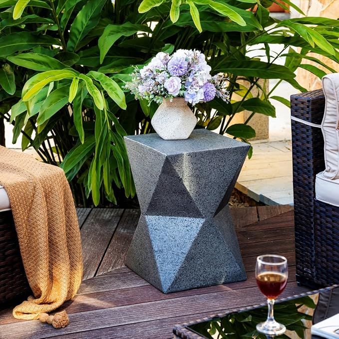 Outdoor Side Table – Lightweight Stone Patio Coffee Stand, Concrete End Table for Backyard, Balcony (Rhombus)