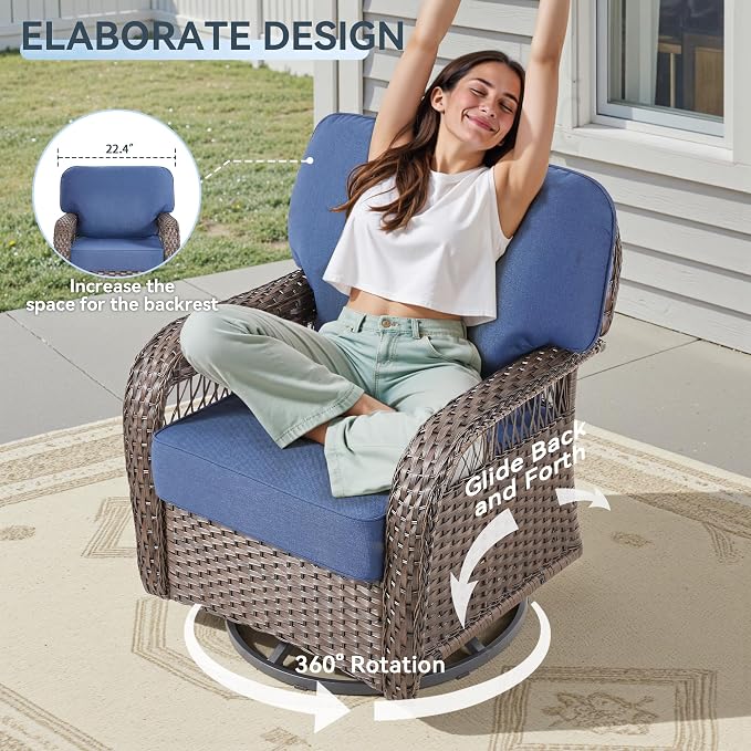 6 PCS Patio Furniture Set Outdoor Sectional Sofa Couch with Rocking Swivel Chairs 5" Deep Seat Chairs, 2 Sofa Sets Modern Wicker Rattan Conversation Set, Blue/Brown Wicker