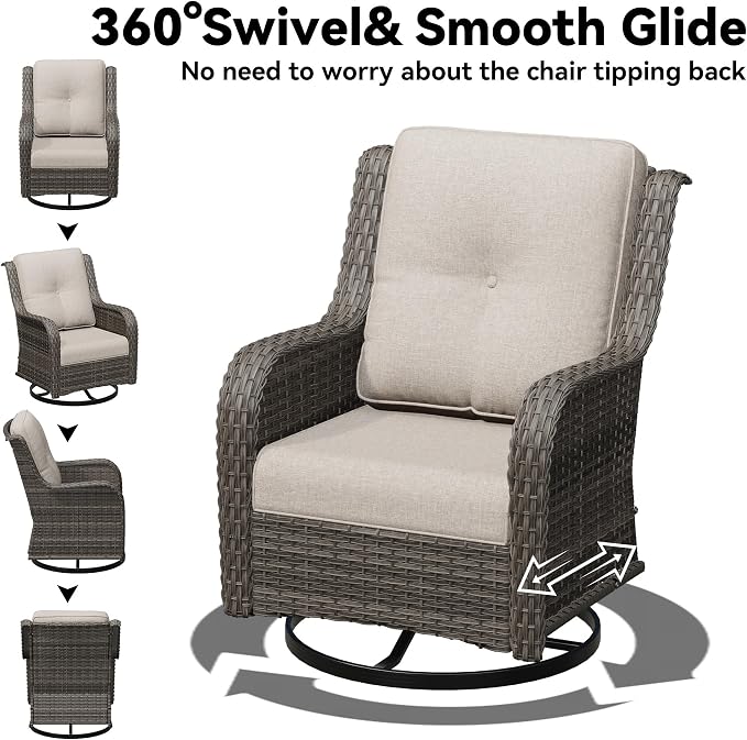 3 Piece Outdoor Wicker Patio Furniture Set, Swivel Rocker Patio Chairs Set with Thickened Olefin Cushions, High Back and Deep Seating, Hand-Woven PE Rattan for Porch, Deck