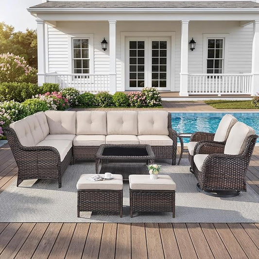 Belord 8 Piece Wicker Patio Furniture Set, Outdoor Swivel Rocker Chairs Set of 2 with Ottomans and Sectional Couch, All Weather Patio Conversation Furniture Set, for Pool,Yard Brown Wicker/Beige
