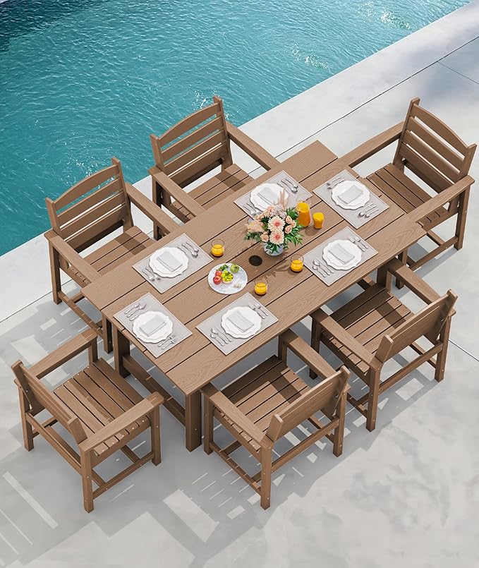 SERWALL 7 Pcs Outdoor Dining Set, 1 Umbrella Hole Table & 6 Chairs, Brown | HDPE Outdoor Dining Furniture with Rectangular Table & 6 Chairs, All-Weather Resistant SERWALL Dining Set for 6