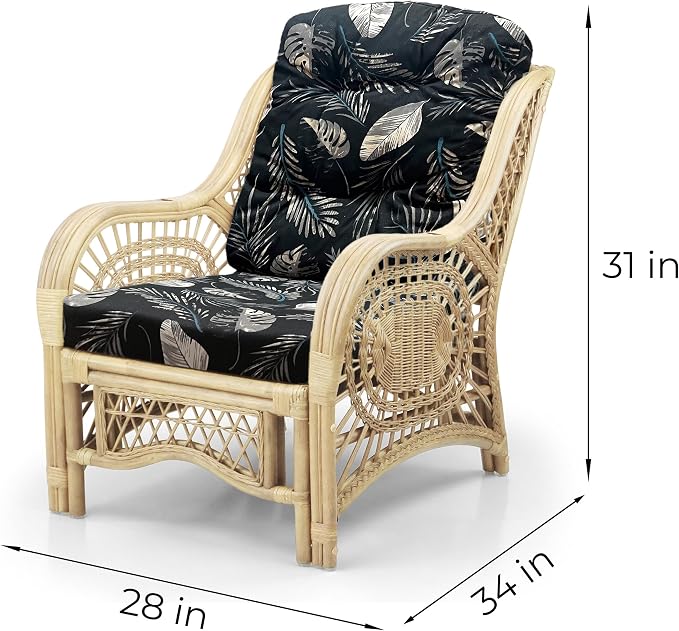 Malibu Lounge Set of 4: 2 Natural Rattan Wicker Chairs, Three-Seater Sofa and Coffee Table with Glass Handmade, Natural Color with Black Leaf Cushions