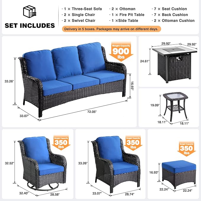 ovios 9 Pieces Patio Furniture Set with 30 inch Fire Pit Table, Outdoor Wicker Sofa Couch Swivel Rocking Glider Chairs, Modern Luxury Conversation Set, Brown Wicker, Navy Blue