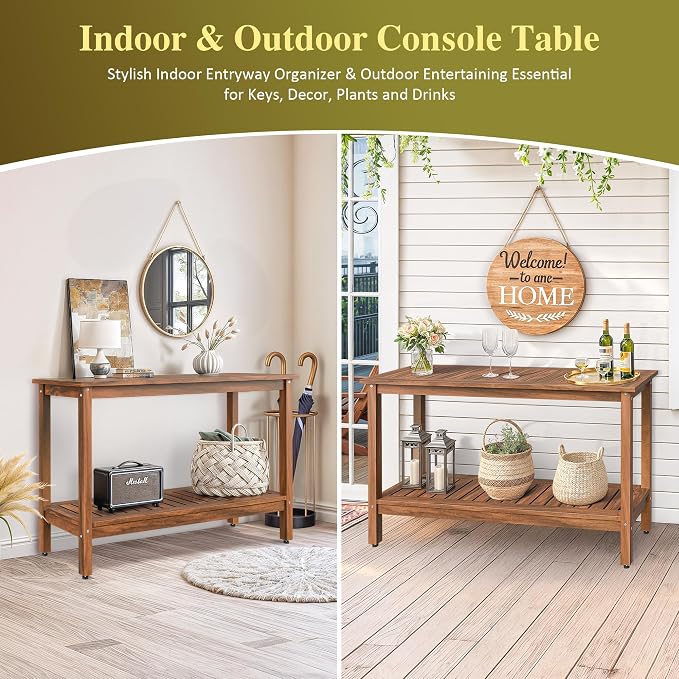 ZenStyle Solid Wood 48in 2-Shelf Console Table, Indoor Outdoor Accent Plant Table Storage Organizer w/Foot Sliders for Patio, Deck, Porch, Garden (Natural)