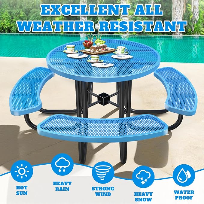 Heavy Duty Picnic Table with Umbrella Hole, Expanded Meta Outdoor Metal Patio Dining Table & Outdoor Bench Set, Steel Mesh Dining Furniture for Garden, Lawn, Patio (47 INCH Blue Circle Table)