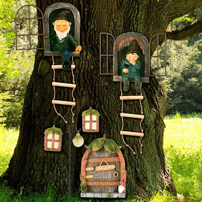 7 Pcs Fairy Garden Accessories Tree Hugger Gnome Statue Tree Faces | Fairy Door Window Set Dwarf Elf Landscape Figurine Out The Door Resin Sculpture Hanging Decor Fresh for Trees Outdoor Decor