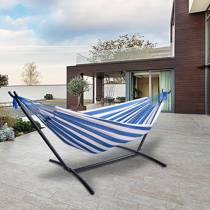 Lazy Daze Portable Hammock with Stand, Free Standing Hammocks for Indoor Outdoor Patio Yard, Has a Carrying Bag and Pillow, 9ft Hamacas Heavy Duty 2 Person Amaca 450 lbs Capacity(Blue White)