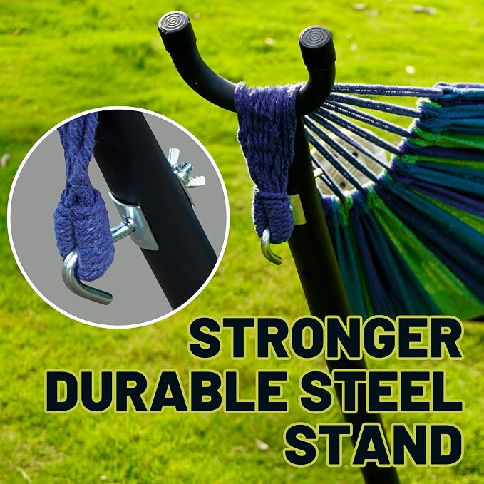 Hammock with Stand for Outside, 450lb Steel Frame, Blue | Steel Frame, Cotton Fabric, 2-Person 450lb, No Tools 10 Min Setup, Backyard Patio Bedroom, Rust-Resistant, Portable