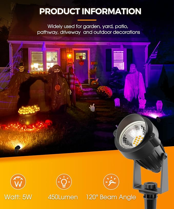 L LOHAS LED Orange Halloween Outdoor Spotlight 5W Dusk to Dawn 2 Pack | Orange Halloween Outdoor Lighting with Auto On/Off Control, Landscape Spotlights for Holiday, Tree and Yard Decoration