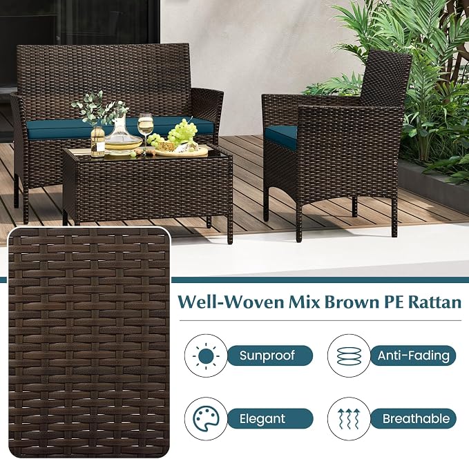 Tangkula 8 Piece Patio Rattan Conversation Set, Outdoor Wicker Furniture Set with Chair, Loveseat & Tempered Glass Table, Cozy Seat Cushions, Outside Sectional Sofa Set for Backyard (2, Peacock Blue)