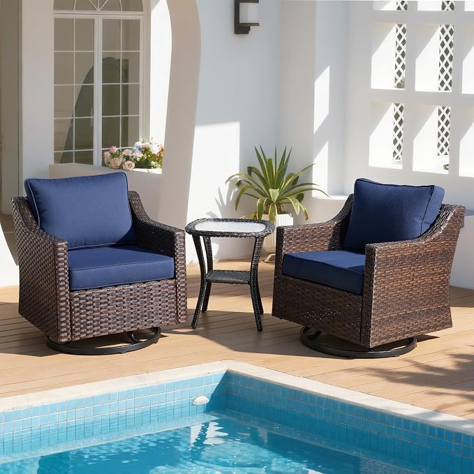 Patio Furniture Set 3 Pieces Luxury Outdoor Bistro with Swivel Rocker Chairs and Side Table, Easy Assembly Conversation Set for Porch Deck Balcony Yard in Brown Wicker and Blue Cushions