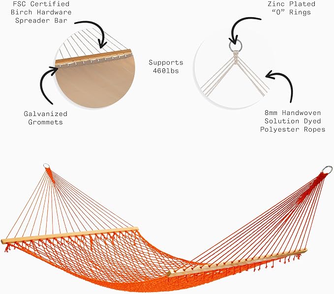 Fab Habitat 12-14 ft Adjustable Quick Dry Recycled Polyester Rope Hammock, Fade Resistant, 2 Person Indoor/Outdoor (460lbs Capacity) for Patio, Poolside, Backyard, Garden, Balcony, Miami - Tangerine