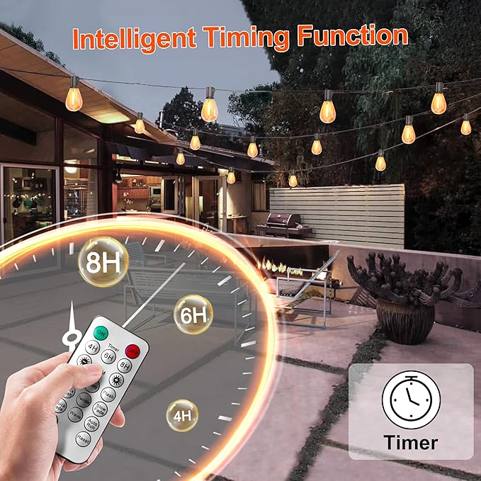 BLIATLUS 50FT Solar String Lights Outdoor Remote 17 Shatterproof LED Bulbs | Waterproof Remote Control Solar Lights Porch Garden Market Bistro Patio Backyard Fence