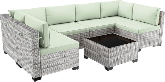 7-Piece Patio Furniture Set, Outdoor Sectional with Thick Cushions, Modular Patio Sofa, Dual-Strand Wicker Rattan, Rust-Resistant Frame, Backyard Furniture for Garden, Deck, Light Green