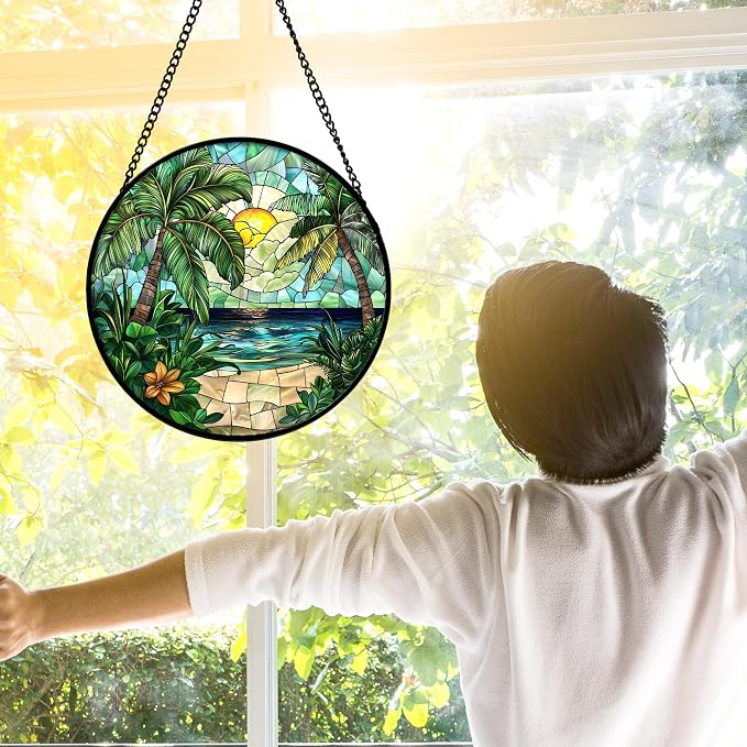 DASTOLL Stained Glass Window Hanging, Green Beach Scenery Suncatcher Diamond Glass Panel Hangings Sun Catchers Decor for Birthday for Women, Men, Wife, Aunt, and Mom 7.8 in