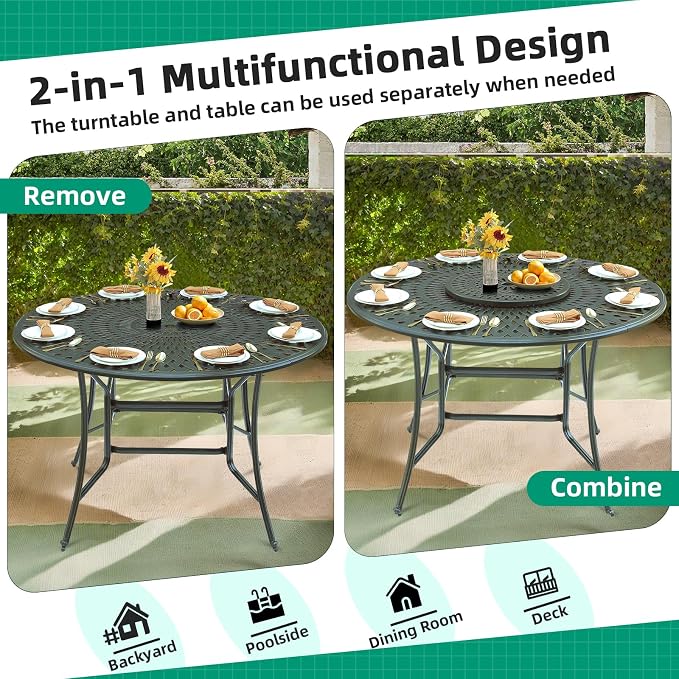 VIVIJASON 61" Patio Round Height Bar Table, All-Weather Cast Aluminum High Top Dining Table with 24" Lazy Susan & Umbrella Hole for Outdoor Balcony, Porch and Deck, Fits for 6-8 Person, Dark Bronze