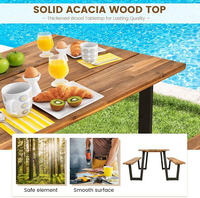 Tangkula Patented Wooden Picnic Table, Outdoor Acacia Wood Picnic Table with 2 Built-in Benches, Umbrella Hole, Steel Frame, Outside Table and Bench Set for Garden, Backyard, Porch, Patio
