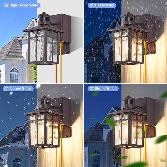 Porch Light with GFCI Outlet with Remote,Dusk to Dawn Motion Sensor Outdoor Light,Upgraded 4 Lighting Modes Brown Front Door Light,Waterproof Outside Lights for House Patio Garage Entryway, 1 Pack