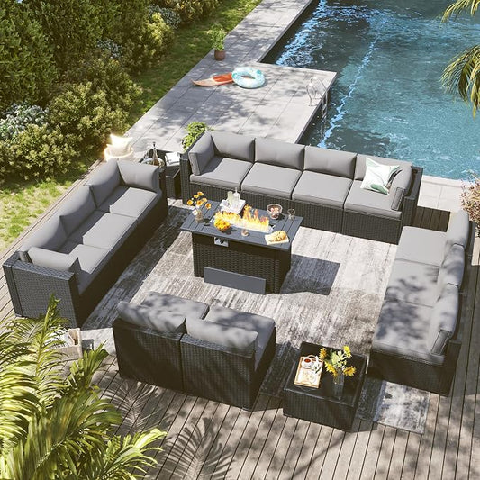 LazySunsets 15 Piece Outdoor Patio Furniture Set with 44'' Fire Pit Table, Outdoor Patio Furniture Set with Thicken Cushion, Wicker Rattan Outdoor Conversation Set for Backyard & Garden, Light Grey