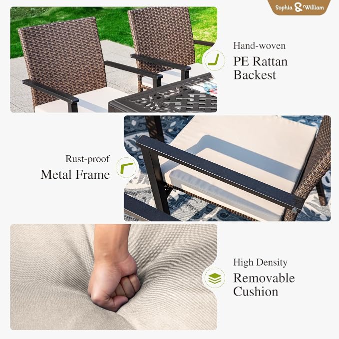 Sophia & William 5 Pieces Patio Dining Set for 4 People, Square Metal Patio Table and Rattan Chairs, 4 People Patio Table Set with 1.57" Umbrella Hole, Seat Cushions