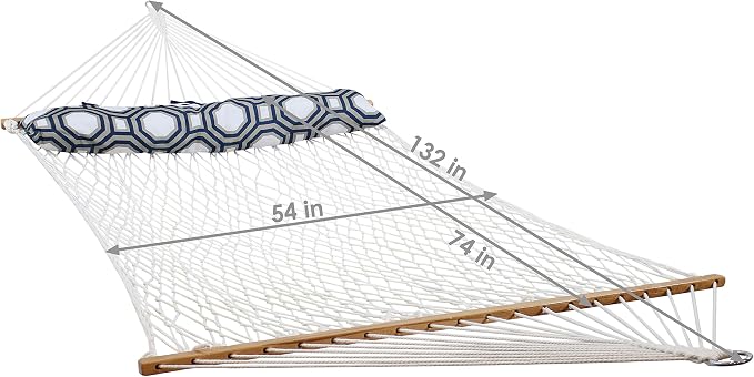Sunnydaze Polyester Rope Double Hammock with Spreader Bars - 400-Pound Capacity - White with Navy and Gray Octagon Pillow