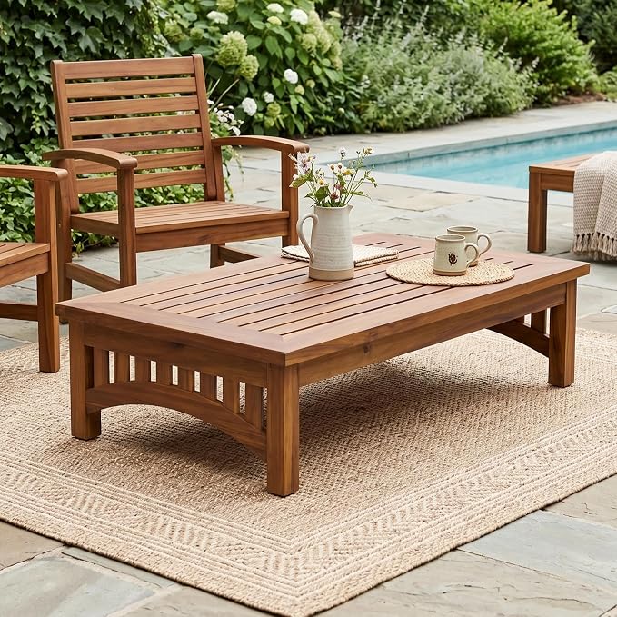Christopher Knight Home 49" Acacia Wood Outdoor Coffee Table, Slatted Patio Table, Mid Century Modern Low Profile Small Outdoor Table Patio Furniture for Living Room Backyard Poolside Balcony, Natural