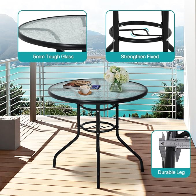 32" Round Outdoor Dining Table - Tempered Glass Top with Umbrella Hole, Weather-Resistant Metal Patio Table for Backyard, Poolside, Balcony, Garden - Black