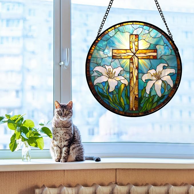 DASTOLL Christian Gifts for Women - Cross Stained Glass Window Hanging Jesus Easter White Lily Flower Sun Catcher Garden Religion Decor Mother's Day Catholic Gift for Men Grandma Mom Her Nana 6.3"