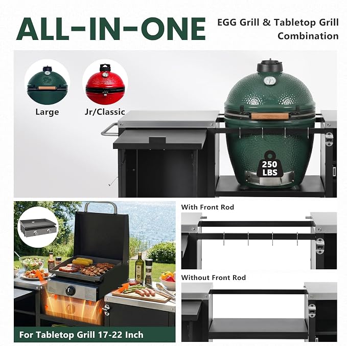 72.4" Large Grill Table for Large Big Green Egg,Metal Outdoor Grill Cart with Fold-out Prep Table,Adjustable Shelves,Spice Rack,Outdoor Kitchen Island for Big Green Egg,Kamado Joe Classic (Black#23)