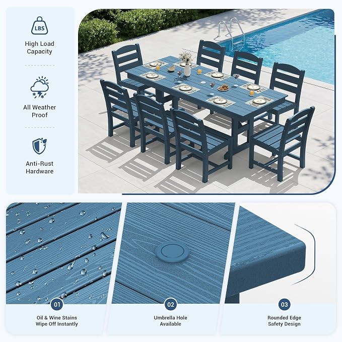 KINGYES Outdoor Armless Dining Chairs Set of 4,All-Weather HDPE Patio Chairs for Backyard,Pooside,Blue