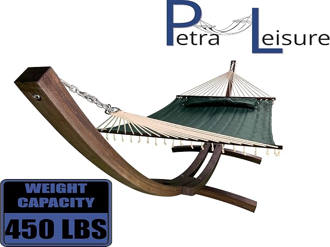 14 Ft. Wooden Arc Hammock Stand + Deluxe Quilted Double Padded Hammock Bed w/Pillow. 2 Person Bed. 450 LB Capacity(Coffee Stain/Elegant Hunter Green)