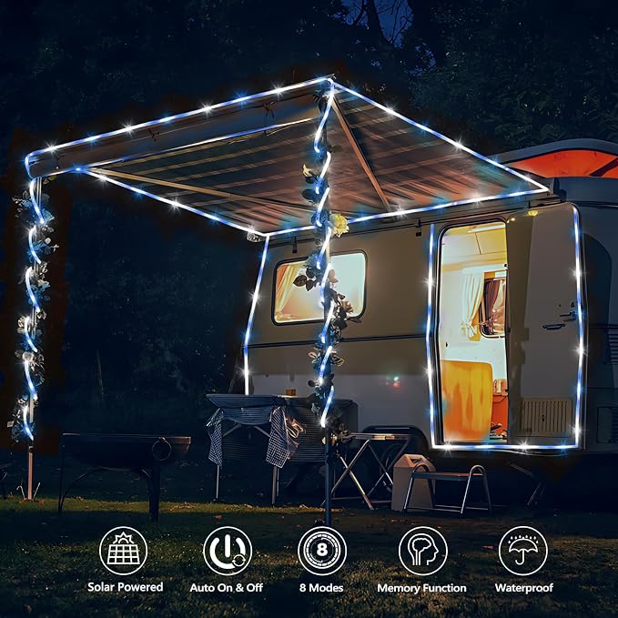 Solar Rope Lights, 33ft 100LED Solar String Lights, 8 Modes Waterproof Solar Outdoor Light, Flexible Clear Trampoline Light for Garden Backyard Patio Deck Porch Pool Tree Decoration - White & Blue