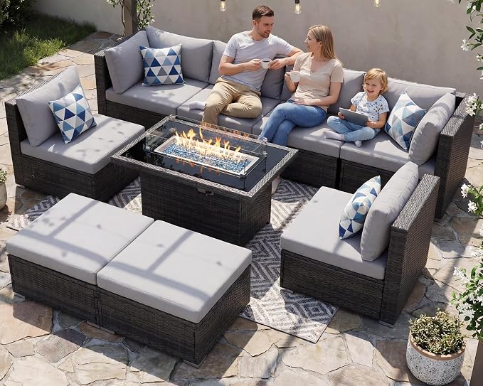 NICESOUL 29.3'' High Back Outdoor Patio Conversation Set with Firepit Natural Gas Propane Convertible, Plus Size Modular Wicker Furniture Couches, 9 Piece Modern Deep Wide Sectional Sofa, Light Gray