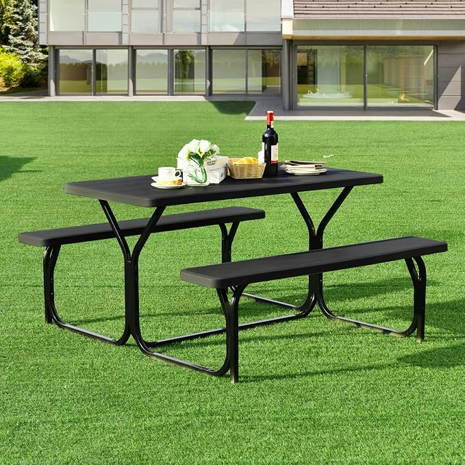 LDAILY Picnic Tables, Rectangular Picnic Table with Steel Frame, 2 Benches Set, HDPE Tabletop, Plastic Picnic Table for Outdoor, Camping, Patio, Lawn, Yard, Picnic Parties (Black)