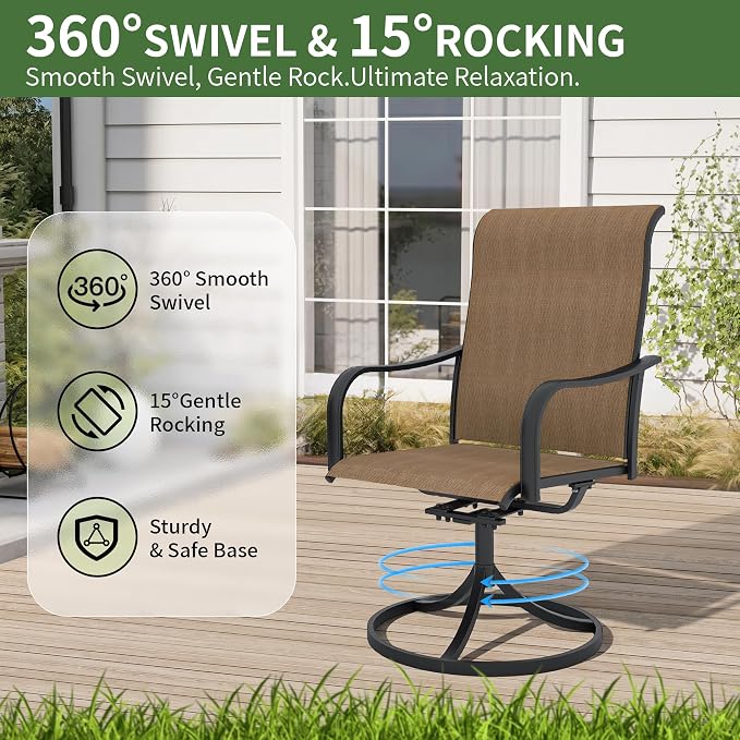 Anmutig 5-Piece Outdoor Patio Dining Set, 40" Round Glass Table with 4 Swivel Rocking Patio Chairs Furniture Set for Kitchen Garden, Backyard, Brown