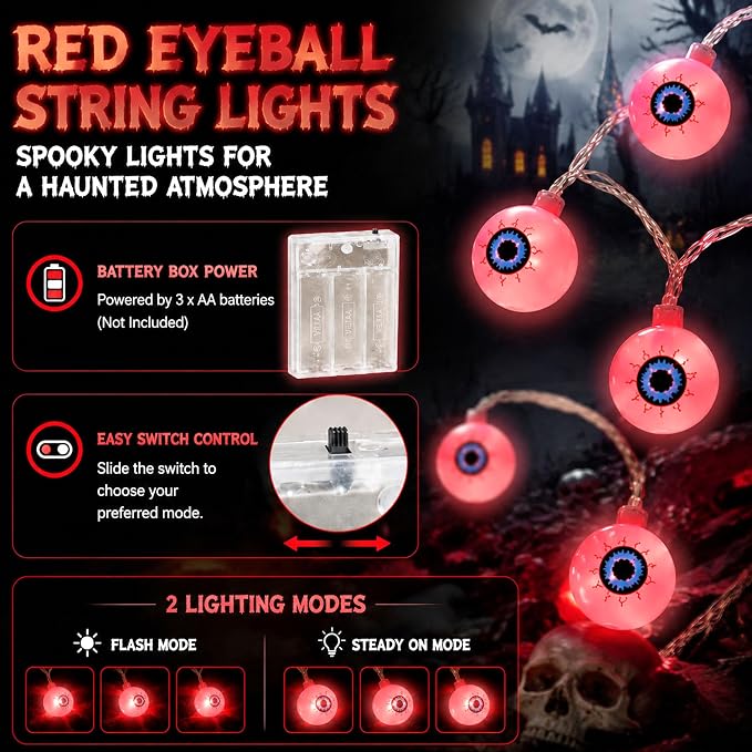 Crazy Night Halloween String Lights 10Ft 20 LEDs Battery Operated Red Eyeball Lights with Steady Flashing Modes Halloween Party Decor