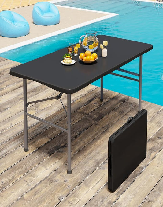 4FT Black Folding Table for Outdoor, 4 Foot Picnic Tables No Assembly Required Portable, Black Foldable Table for Camping, Parties, Meeting, Events, Wedding, BBQ, with Carrying Handle