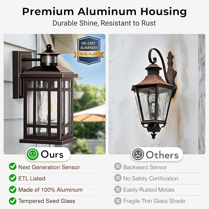 Adjustable Sensitivity Motion Sensor Outdoor Lights, 2 Packs Oil Rubbed Bronze Exterior Lighting Fixtures with Gold Trim, ORB Outdoor Garage Lights Wall Mount for House, Garage, Doorway, Coach
