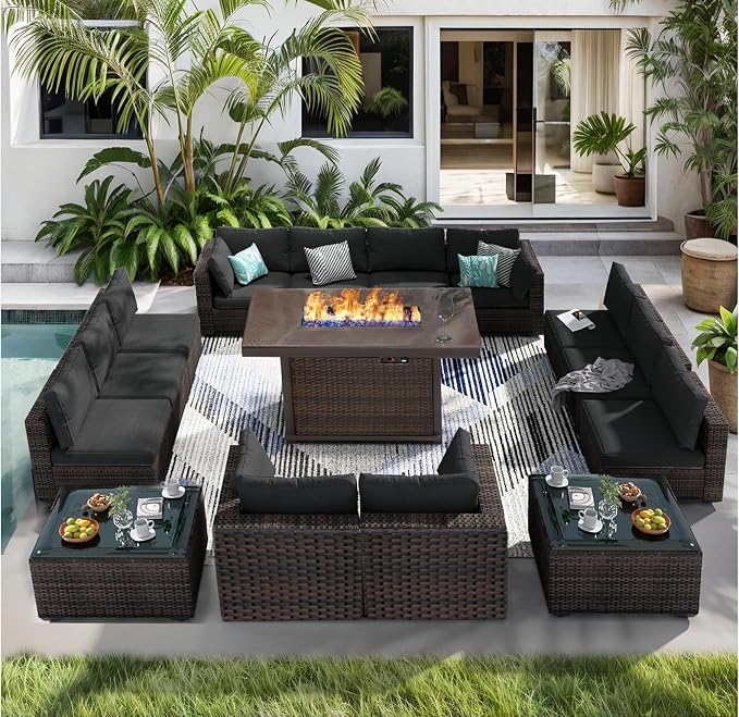 15 Pieces Patio Furniture Set with 44" Fire Pit Table, Rattan Outdoor Sectional Conversation Sets, All Weather Outdoor Furniture Set with Cushions for Garden Lawn Balcony Porch Deck Black