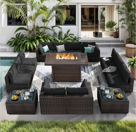 15 Pieces Patio Furniture Set with 44" Fire Pit Table, Rattan Outdoor Sectional Conversation Sets, All Weather Outdoor Furniture Set with Cushions for Garden Lawn Balcony Porch Deck Black