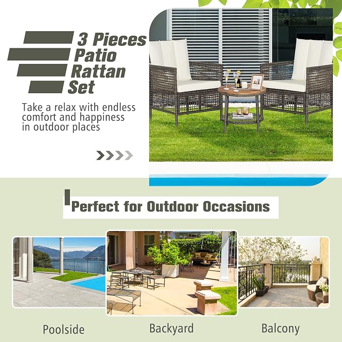 Tangkula 3 Piece Patio Conversation Set, Outdoor Rattan Chair Set W/ 2-Tier Coffee Table, Acacia Wood Tabletop, Cozy Seat & Back Cushions, Wicker Sofa Set for Backyard Poolside Front Porch (Off White)