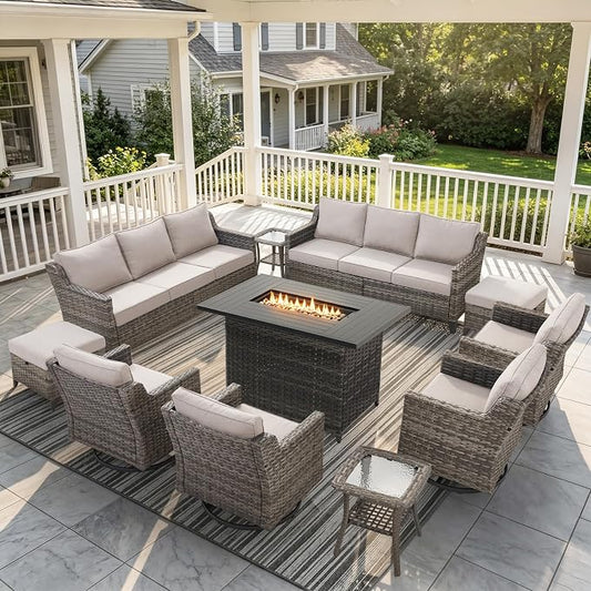 Belord Patio Wicker Swivel Rocker Patio Chairs with 3-Seater Sofa and 42.5" Fire Pit Table, Outdoor Furniture Set for Deck Porch Poolside, 11 Piece Patio Conversation Furniture Set,Beige