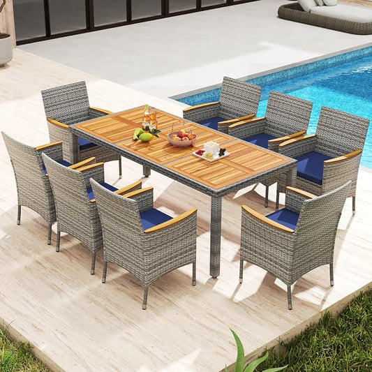 KOTEK Outdoor Dining Set for 8, Wicker Patio Dining Table and Chairs Set with Cushions & 2'' Umbrella Hole, 9 Pcs PE Rattan Patio Furniture Set for Garden, Deck, Backyard (Navy)