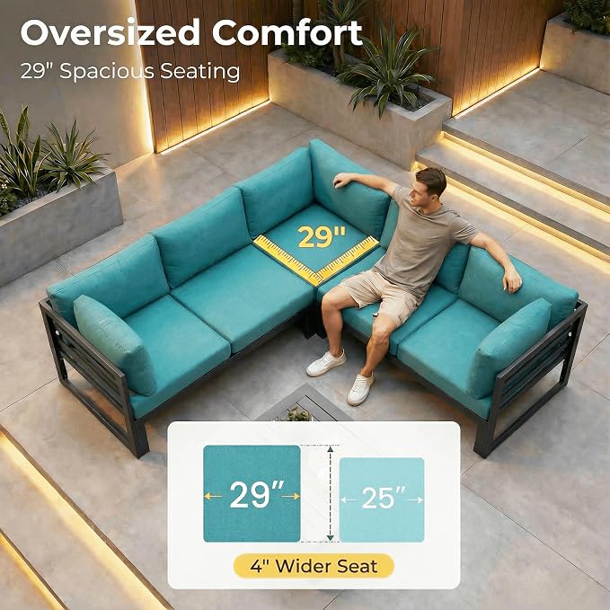 NICESOUL 14 Pcs Aluminum Patio Furniture Set for Large Groups, 500lbs Heavy Duty Outdoor Sectional Sofa with Coffee Table, L Shaped 29" Deep Wide Seating Conversation Couch for Garden Lawn, Turquoise