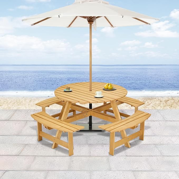 JOYBASE 8-Person Wooden Picnic Table, Outdoor Round Table with Built-in Benches and Umbrella Hole, Picnic Table Bench Set for Patio, Backyard, Garden (Natural)