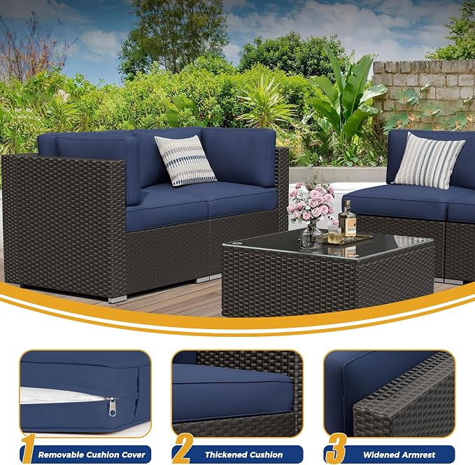 8 Pieces Outdoor Patio Furniture Set with Waterproof Cover, Black Brown Wicker Patio Sectional Sofa Set, Outdoor Couch with Cushion and Tempered Glass Table, Dark Blue