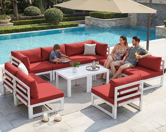 NICESOUL 8 Seat XL Oversized Modern Aluminum Patio Furniture Set, Weather Resistant Modular Sectional Sofa with Coffee Table, 500 lbs Heavy Duty Comfortable Outdoor Sitting for Exterior Backyard, Red