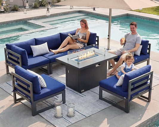 NICESOUL 7 Piece Large Modern Aluminum Outdoor Sofa with Fire Pit Table, 29" Deep Wide Seat, 500 lbs Durable Sectional Set for Heavy People, Water Resistant Patio Furniture Set for Garden, Navy Blue